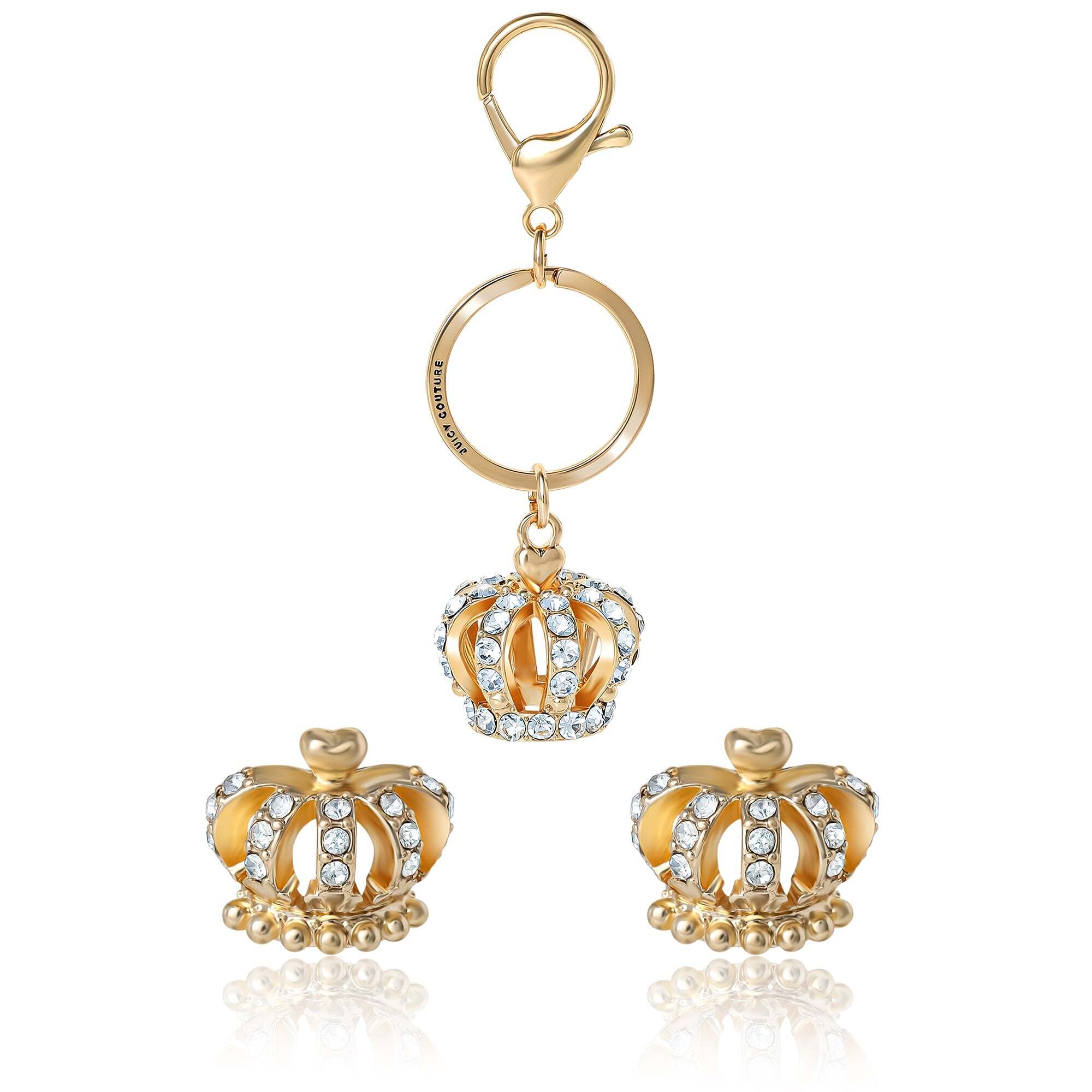 Gold-Tone Crystal Crown Keychain Bag Charm & Earring Set