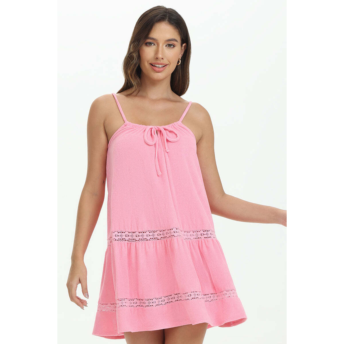 Towel Terry Lace Trim Tiered Dress