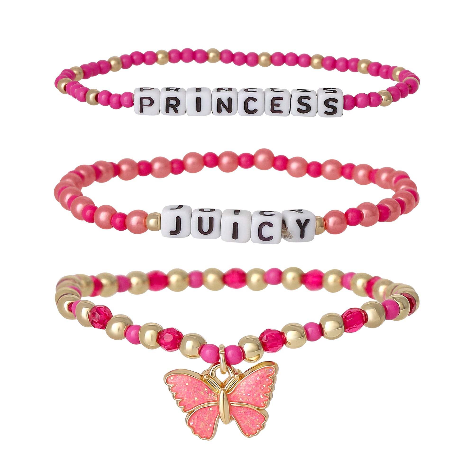Kids Juicy Pink Butterfly Beaded Bracelet Set