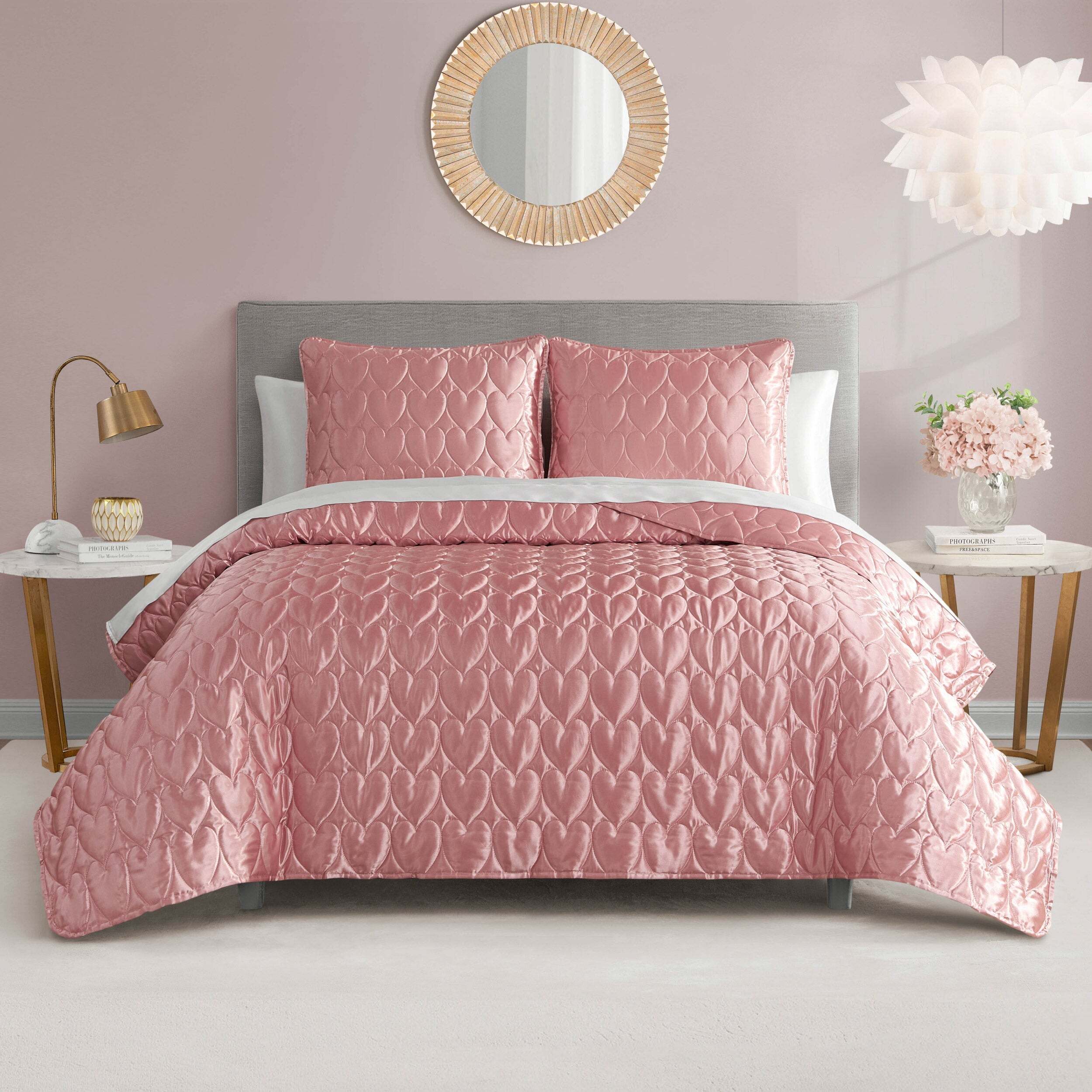 Satin Heart Stitched Quilt Set